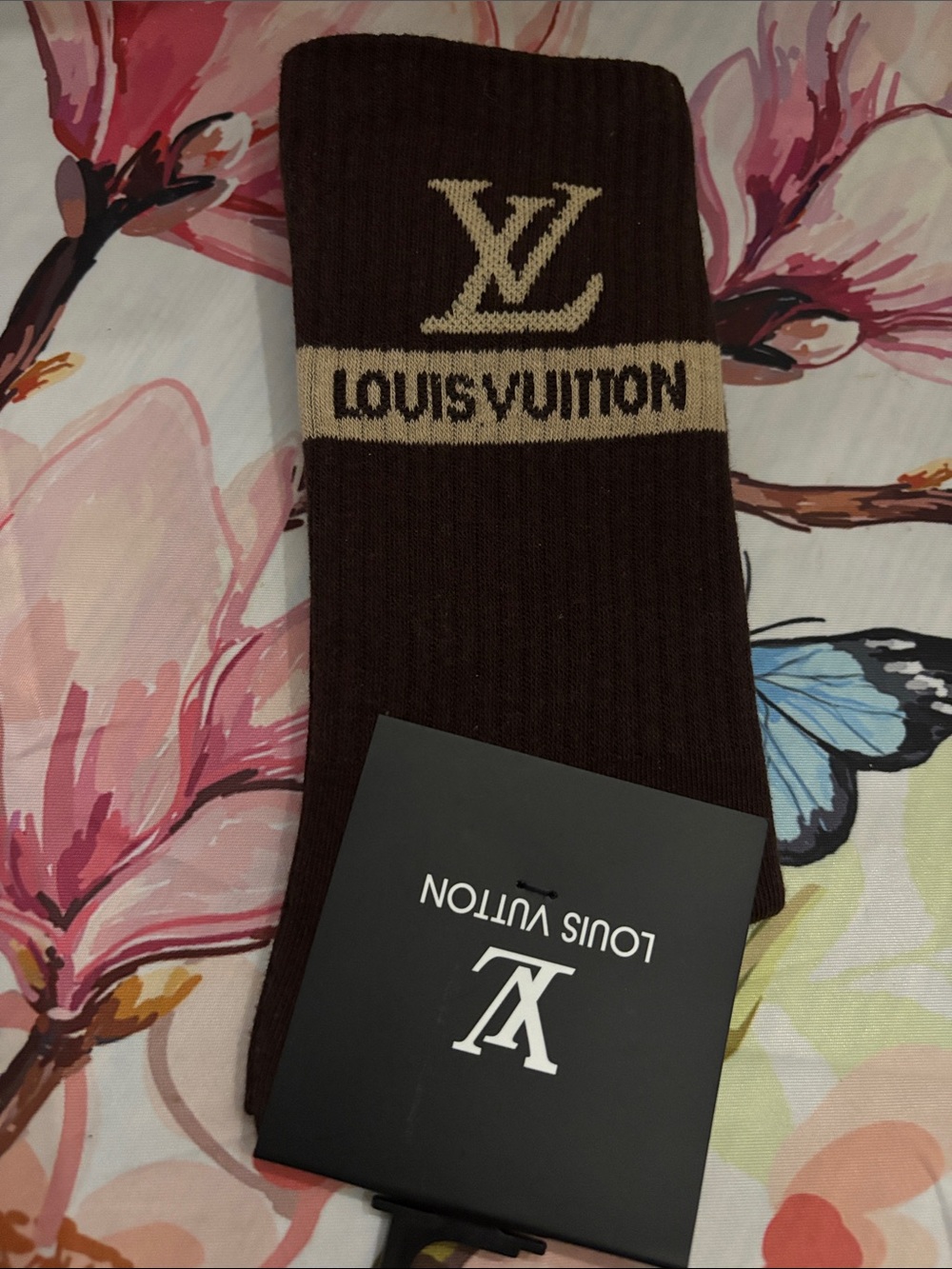 Louis Vuitton Brown and Cream Ribbed Logo Crew Socks